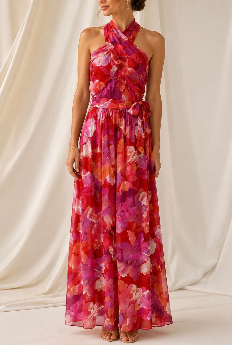 NWOT London Times Red and Pink Floral Chiffon Halter Maxi Dress Size 4